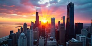 Chicago skyline at sunset with office buildings.