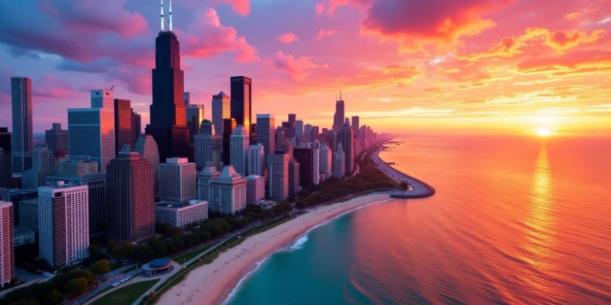 Chicago skyline with tech company logos at sunset.