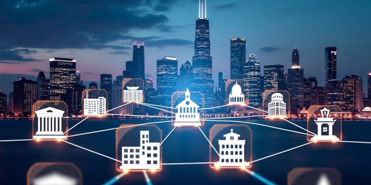 Chicago skyline with business icons and digital lines.